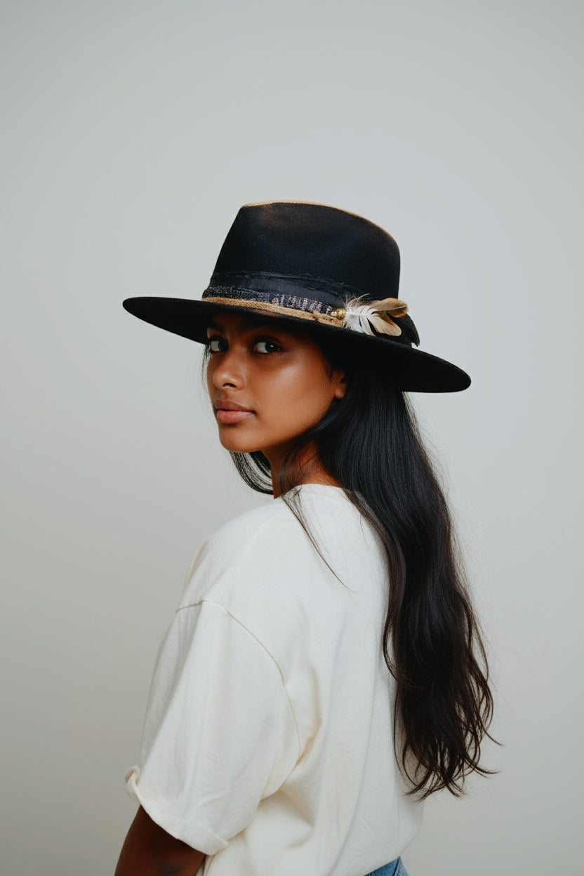 Lady Rebel | Black Wool Felt Fedora Hat – Gold… – handmade wool felt fedora hat by artisan Ruby Cantero, detail view 12 | Pokijomba Hats
