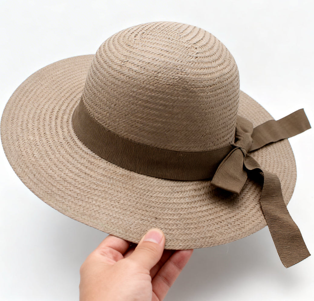 The Firenze — Wide Brim Taupe Raffia Hat | Tonal… – handcrafted straw hat made in Italy, detail view 4 | Pokijomba Hats