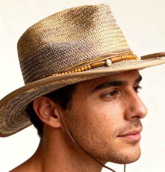 Sol Summer Hat – Gold Indigo Straw Fedora – handmade straw fedora hat by artisan Ruby Cantero, detail view 6 | Pokijomba Hats