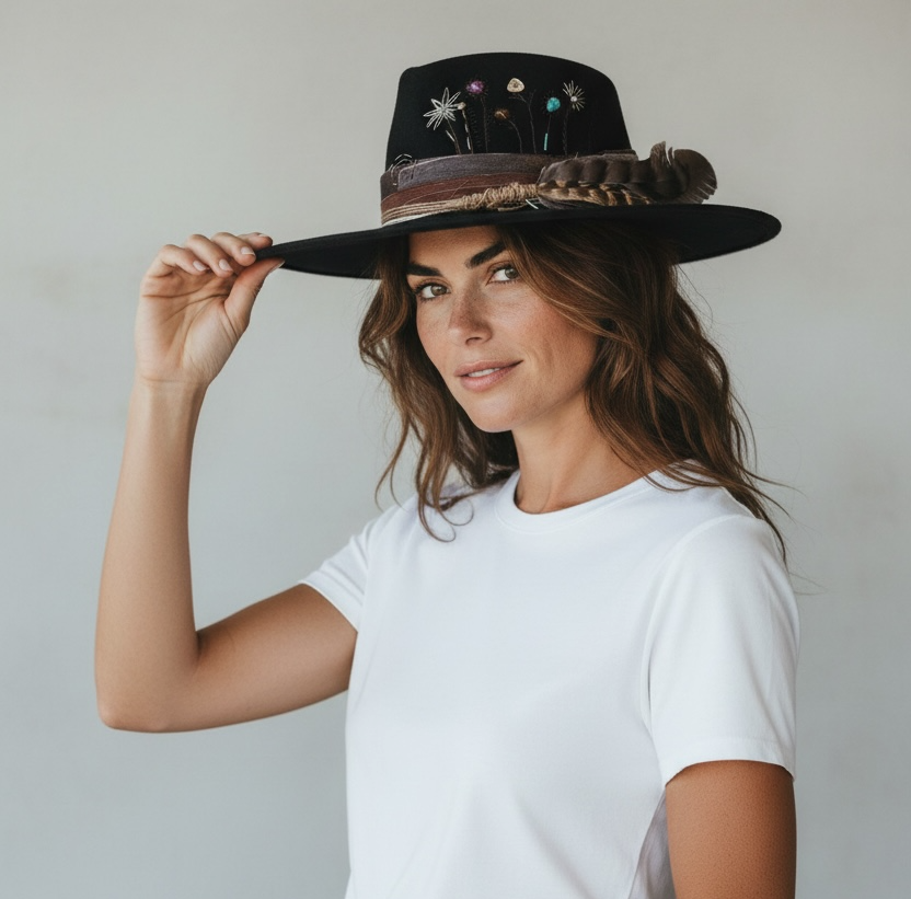 “Flowers of Ophelia” – Boho Wool Felt Hat – handmade wool felt fedora hat by artisan Ruby Cantero, detail view 4 | Pokijomba Hats