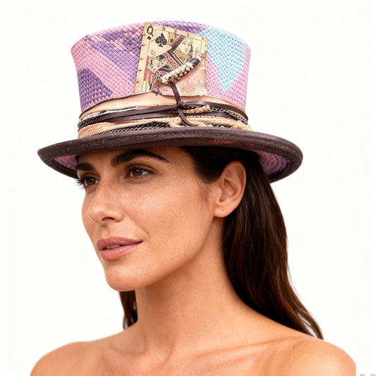 Purple Pattern Straw Top Hat – Summer Rare Top Hat – handmade straw top hat by artisan Ruby Cantero, detail view 2 | Pokijomba Hats