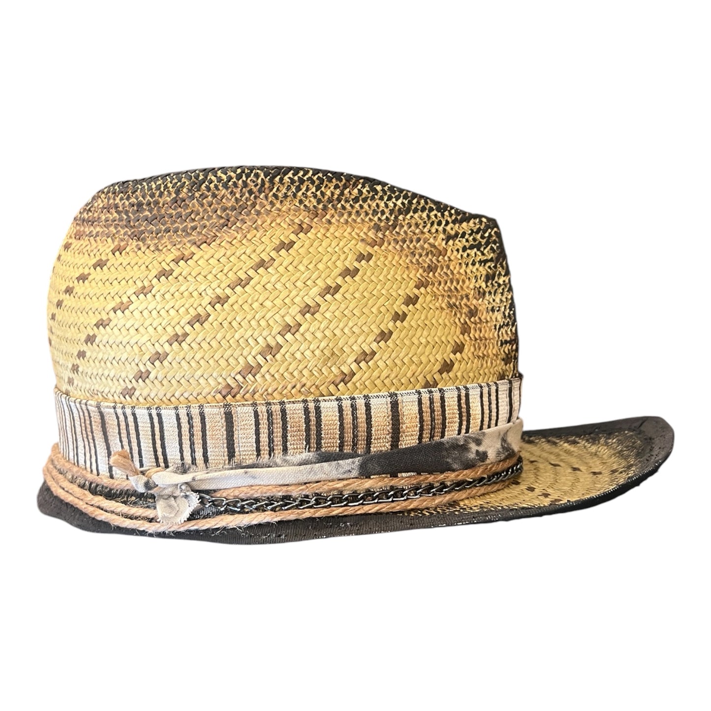 In Stock – Straw Trucker-Style Hat with Chain & Distressed Trim
