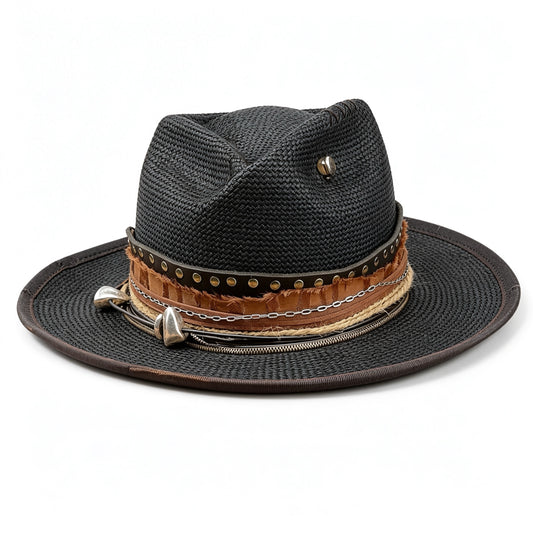 Straw Medium Brim Fedora Hat – Summer Hat – handmade straw fedora hat by artisan Ruby Cantero, detail view 2 | Pokijomba Hats