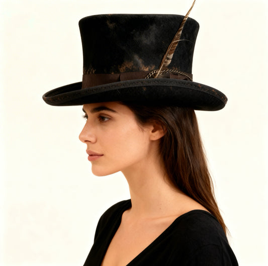 Percy – Edgy Distressed Wool Felt Top Hat – handmade wool felt top hat by artisan Ruby Cantero | Pokijomba Hats