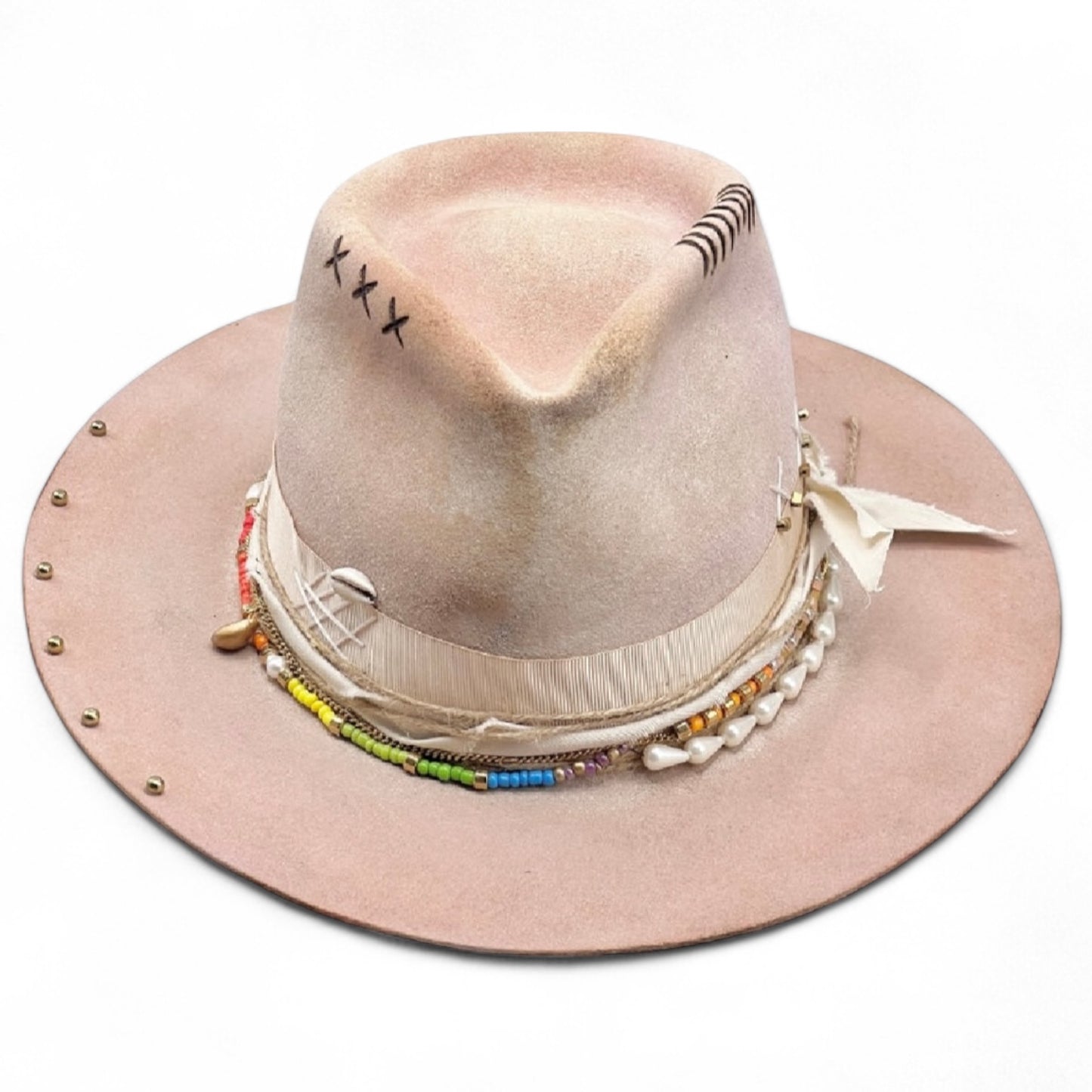 Rainbow | Pale Pink Wool Felt Fedora – Distressed Vintage Style Hat