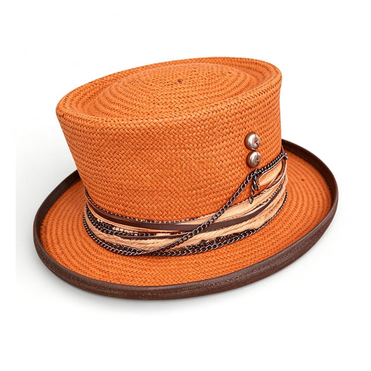 Orange Straw Top Hat – Summer Rare Top Hat – handmade straw top hat by artisan Ruby Cantero, detail view 2 | Pokijomba Hats