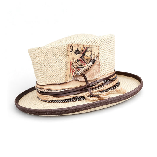 Beige Straw Top Hat – Summer Rare Top Hat – handmade straw top hat by artisan Ruby Cantero, detail view 2 | Pokijomba Hats