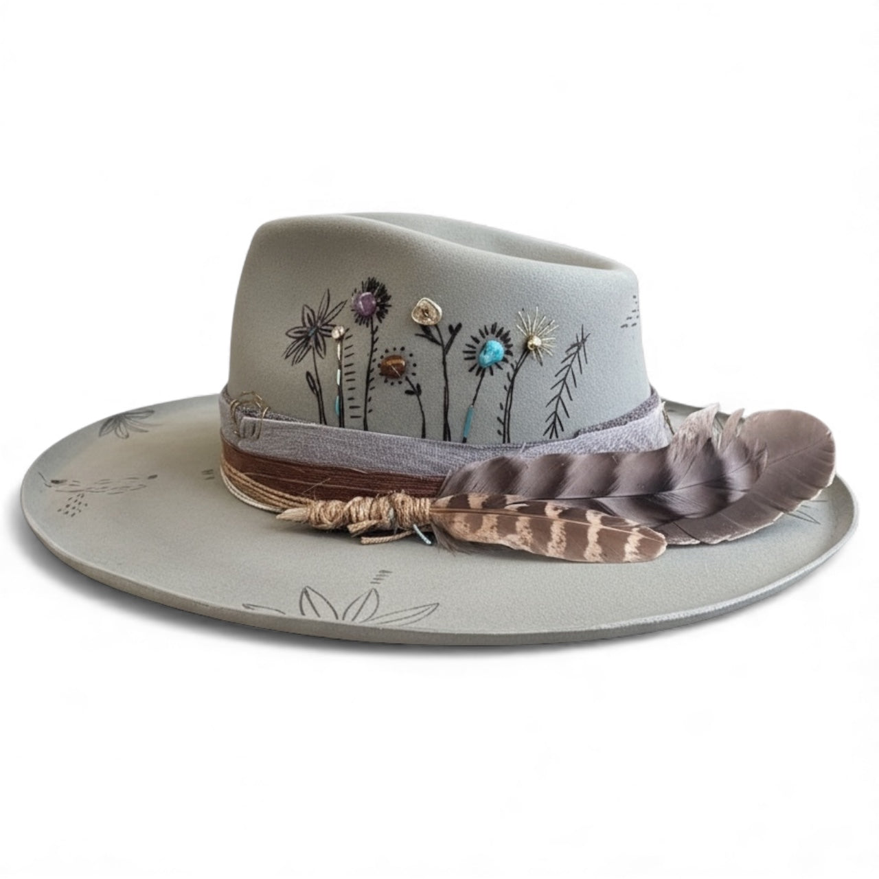 “Flowers of Ophelia” – Boho Wool Felt Hat – handmade wool felt fedora hat by artisan Ruby Cantero, detail view 2 | Pokijomba Hats
