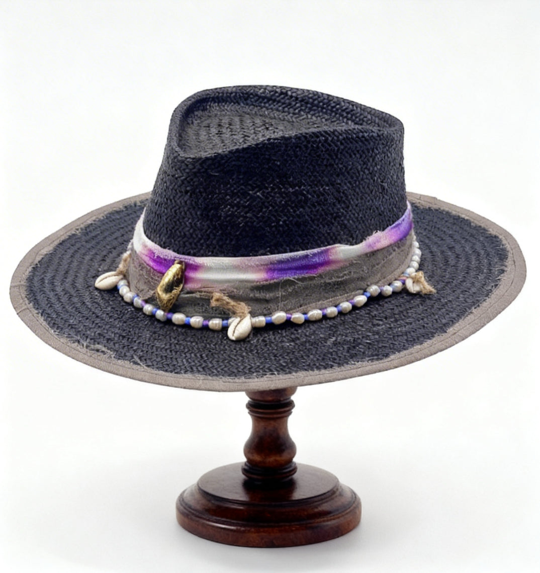 Berta – Black Straw Vegan Fedora Hat – Bohemian Style – Summer Hat