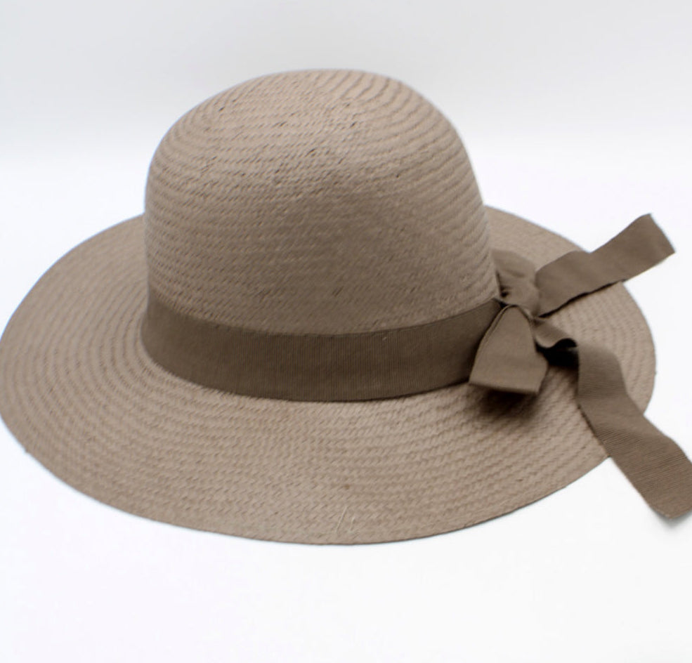 The Firenze — Wide Brim Taupe Raffia Hat | Tonal Grosgrain Bow | Made in Italy