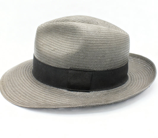 The Milano — Grey Herringbone Straw Fedora | Black Band – handcrafted straw hat made in Italy | Pokijomba Hats