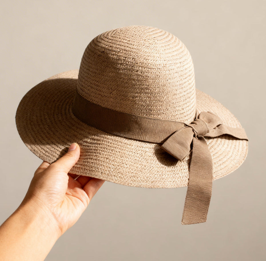 The Firenze — Wide Brim Taupe Raffia Hat | Tonal… – handcrafted straw hat made in Italy, detail view 3 | Pokijomba Hats