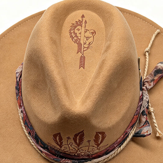 Dandelion – Wide Brim Suede Engraved Fedora Hat in Camel