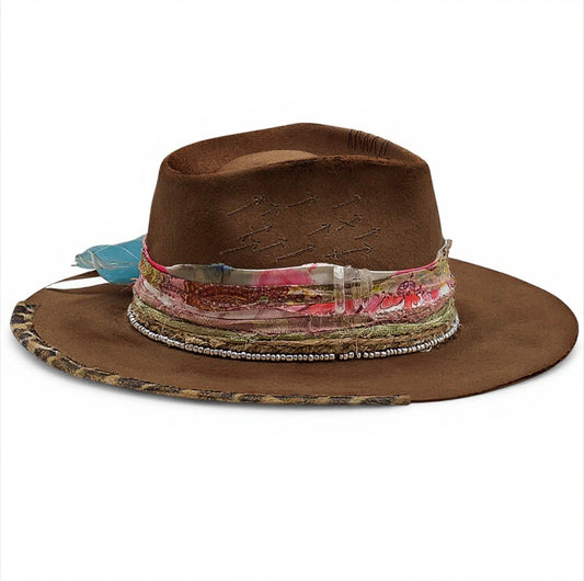 Oh, I’m Burning” Brown Felt Fedora Hat – handmade wool felt fedora hat by artisan Ruby Cantero, detail view 4 | Pokijomba Hats