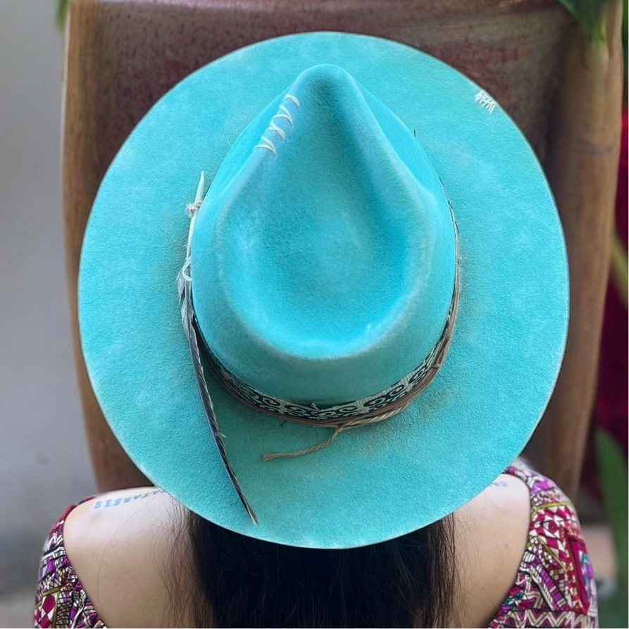 Cumbia – Turquoise Felt Fedora Hat with Distressed Effect
