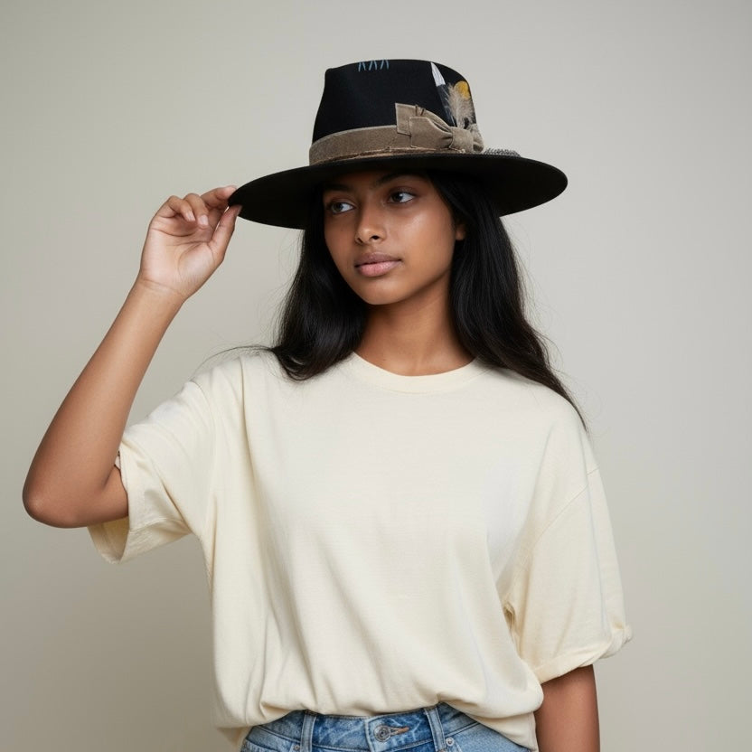 Gratitude – Black Wool Felt Fedora Hat – handmade wool felt fedora hat by artisan Ruby Cantero, detail view 9 | Pokijomba Hats