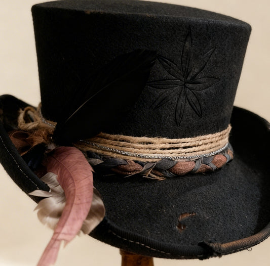Only One Night– Black Wool Felt Low Top Hat – handmade wool felt top hat by artisan Ruby Cantero | Pokijomba Hats