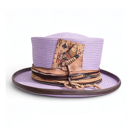 Purple Straw Top Hat – Summer Rare Top Hat – handmade straw top hat by artisan Ruby Cantero, detail view 3 | Pokijomba Hats