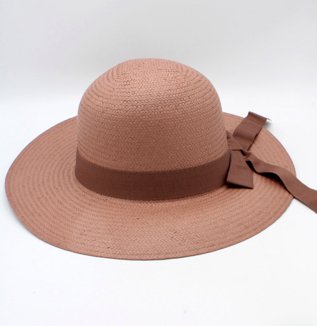 The Montpellier — Wide Brim Dusty Pink Straw Hat | Brown Grosgrain Bow | Made in Italy