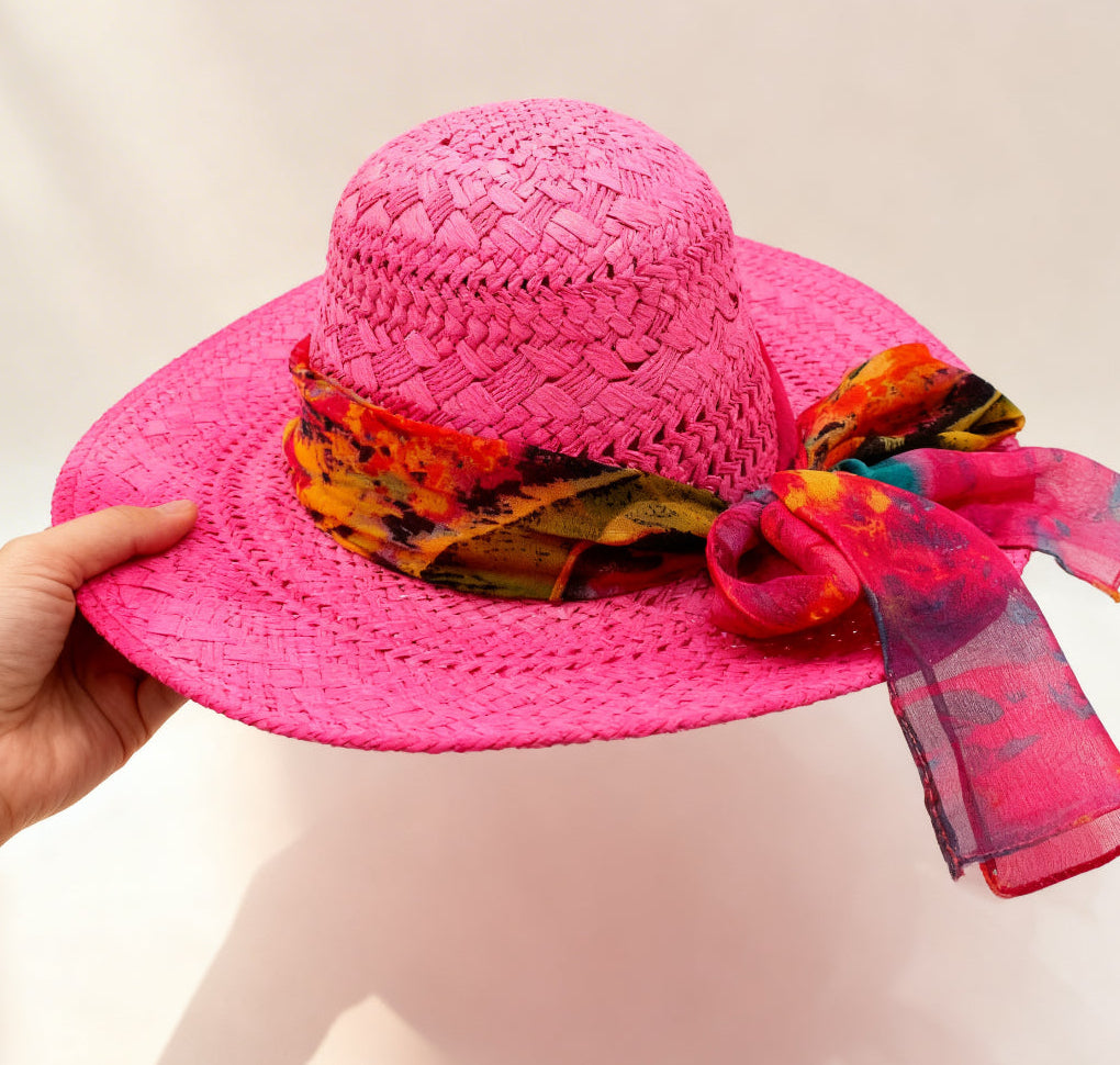 The Marbella — Wide Brim Hot Pink Straw Hat |… – handcrafted straw hat made in Italy, detail view 3 | Pokijomba Hats