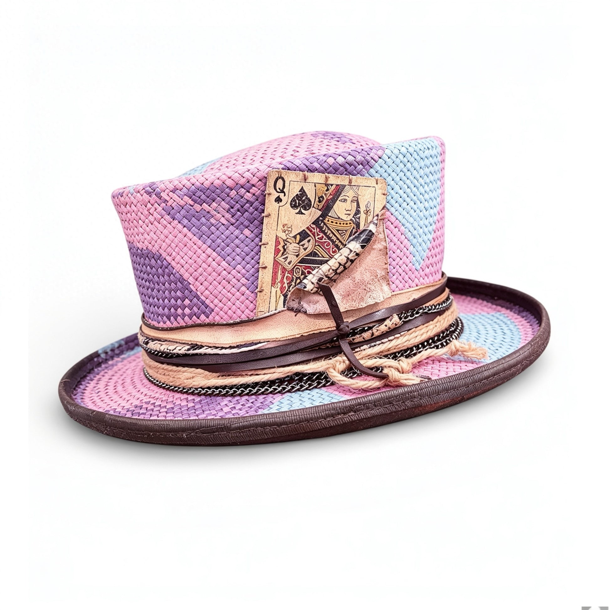 Purple Pattern Straw Top Hat – Summer Rare Top Hat – handmade straw top hat by artisan Ruby Cantero, detail view 3 | Pokijomba Hats