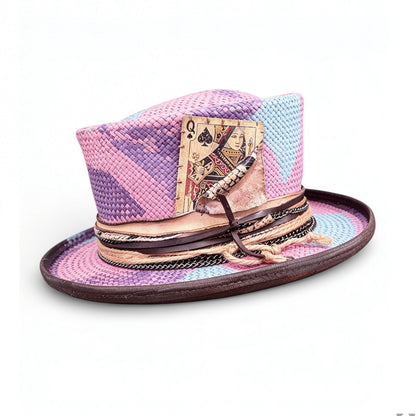 Purple Pattern Straw Top Hat – Summer Rare Top Hat – handmade straw top hat by artisan Ruby Cantero, detail view 3 | Pokijomba Hats