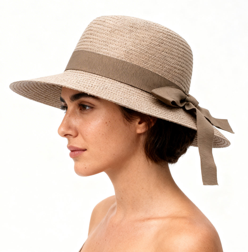 The Firenze — Wide Brim Taupe Raffia Hat | Tonal Grosgrain Bow | Made in Italy