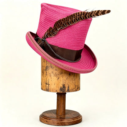 Fuchsia Straw Top Hat – Elegant Summer Top Hat – handmade straw top hat by artisan Ruby Cantero, detail view 2 | Pokijomba Hats