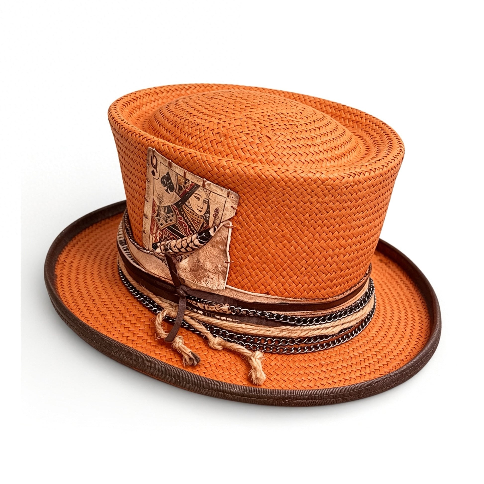 Orange Straw Top Hat – Summer Rare Top Hat – handmade straw top hat by artisan Ruby Cantero, detail view 4 | Pokijomba Hats
