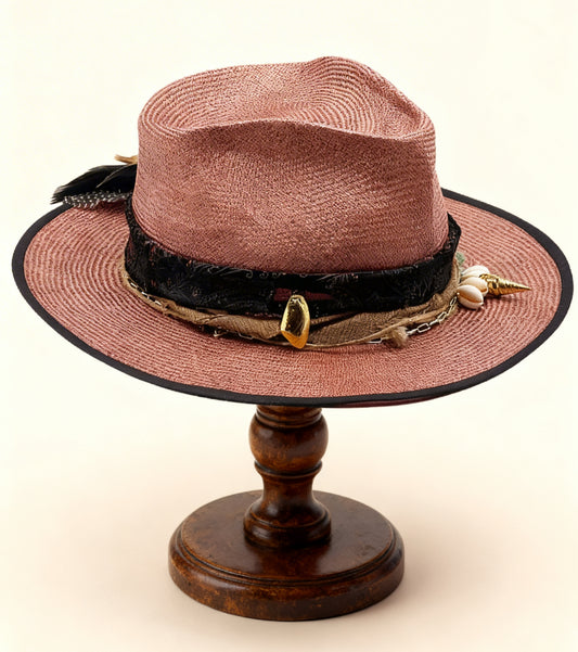 Kypros – Rose Gold Straw Fedora Hat – handmade straw fedora hat by artisan Ruby Cantero, detail view 3 | Pokijomba Hats