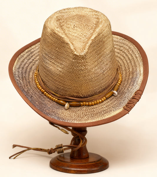 Sol Summer Hat – Gold Indigo Straw Fedora – handmade straw fedora hat by artisan Ruby Cantero, detail view 3 | Pokijomba Hats