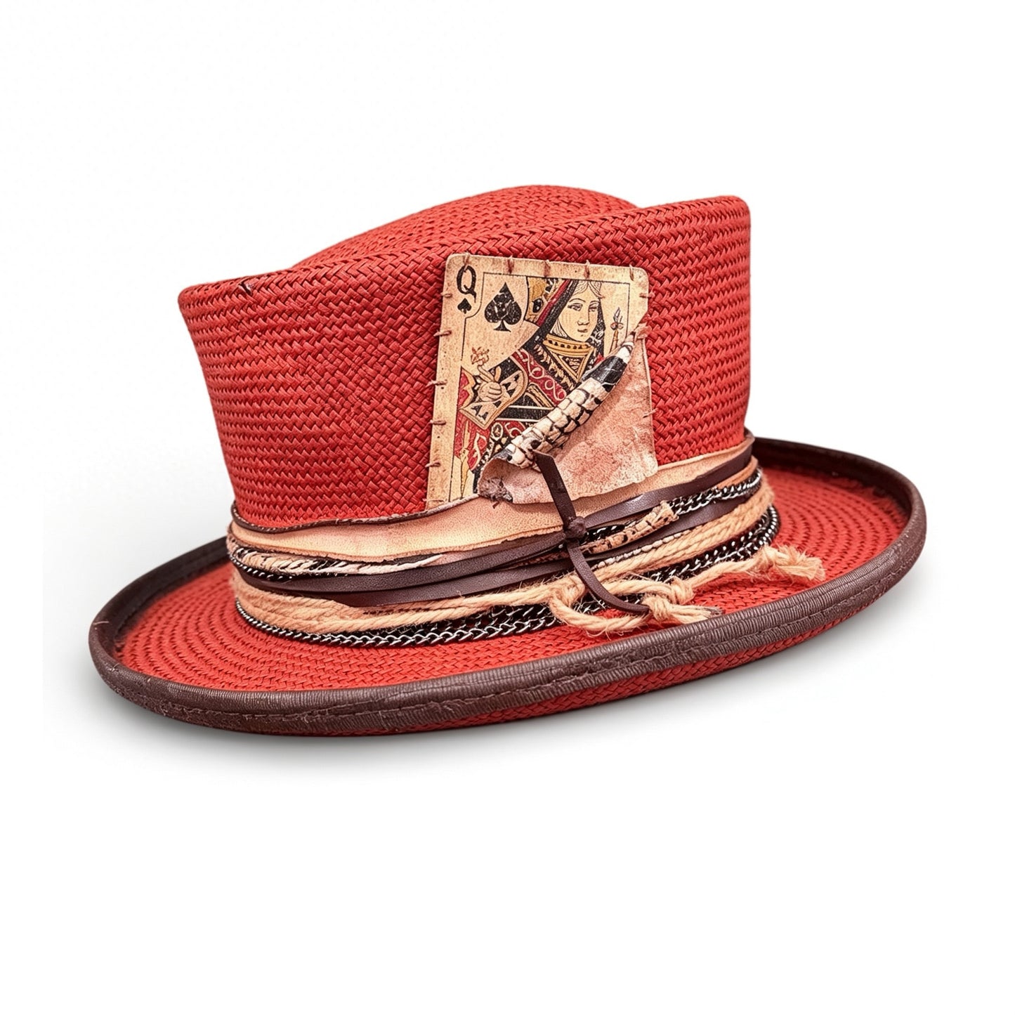 Red Straw Top Hat – Summer Rare Top Hat – handmade straw top hat by artisan Ruby Cantero, detail view 4 | Pokijomba Hats
