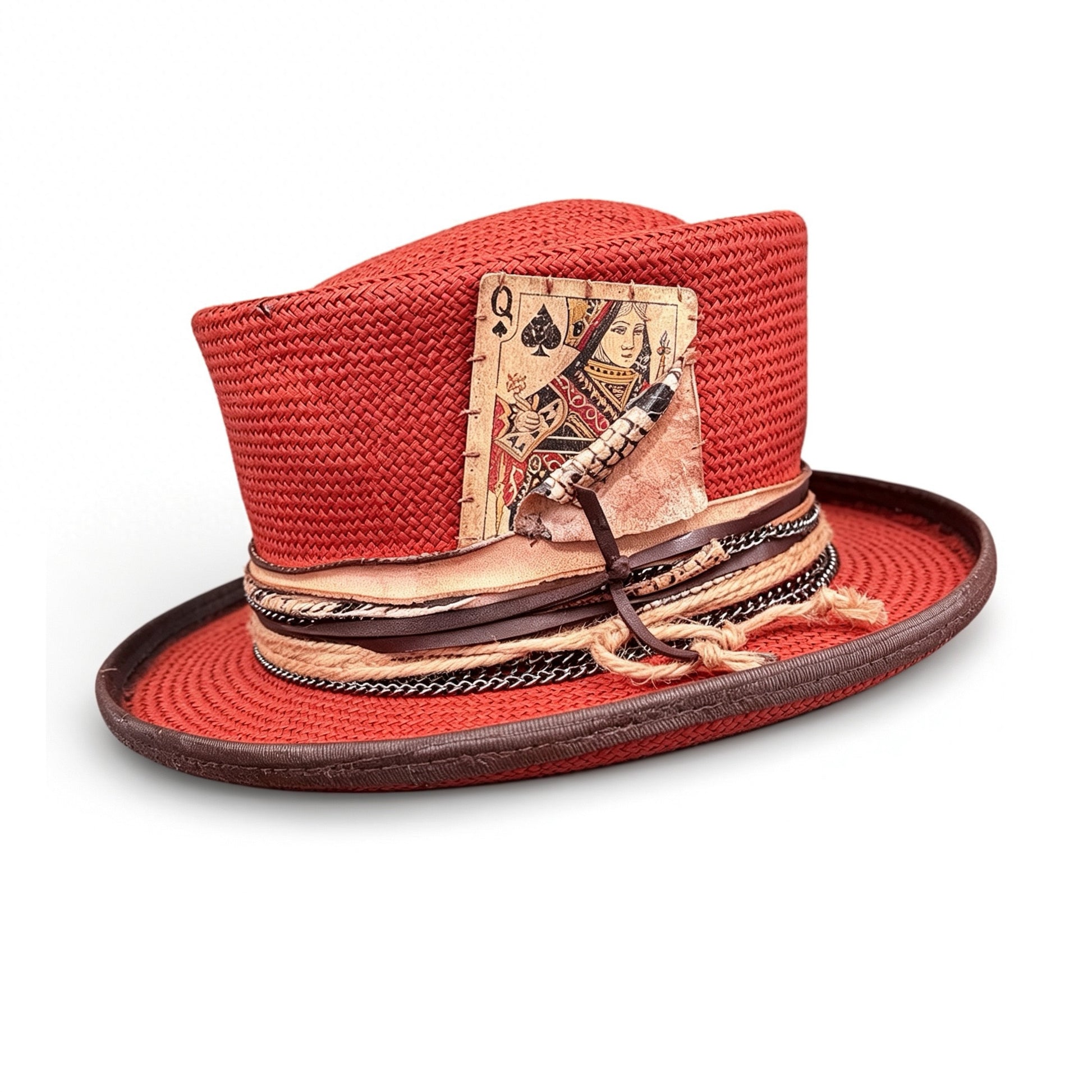 Red Straw Top Hat – Summer Rare Top Hat – handmade straw top hat by artisan Ruby Cantero, detail view 4 | Pokijomba Hats