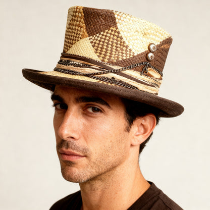 Orange Pattern Straw Top Hat – Summer Rare Top Hat – handmade straw top hat by artisan Ruby Cantero | Pokijomba Hats
