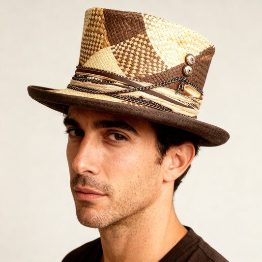 Orange Pattern Straw Top Hat – Summer Rare Top Hat – handmade straw top hat by artisan Ruby Cantero | Pokijomba Hats