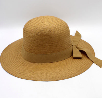 The Amalfi — Wide Brim Honey Camel Straw Hat | Tonal Grosgrain Bow | Made in Italy