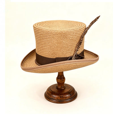 Brown Straw Top Hat – Elegant Summer Top Hat – handmade straw top hat by artisan Ruby Cantero, detail view 4 | Pokijomba Hats