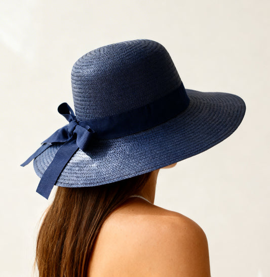 The Portofino — Wide Brim Navy Blue Straw Hat | Tonal Grosgrain Bow | Made in Italy