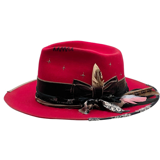 Ruby Red Statement Hat – handmade handmade felt hat by artisan Ruby Cantero, detail view 7 | Pokijomba Hats