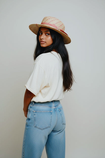 In Stock – Serena – Lightweight Pink-Trimmed Straw Fedora Hat