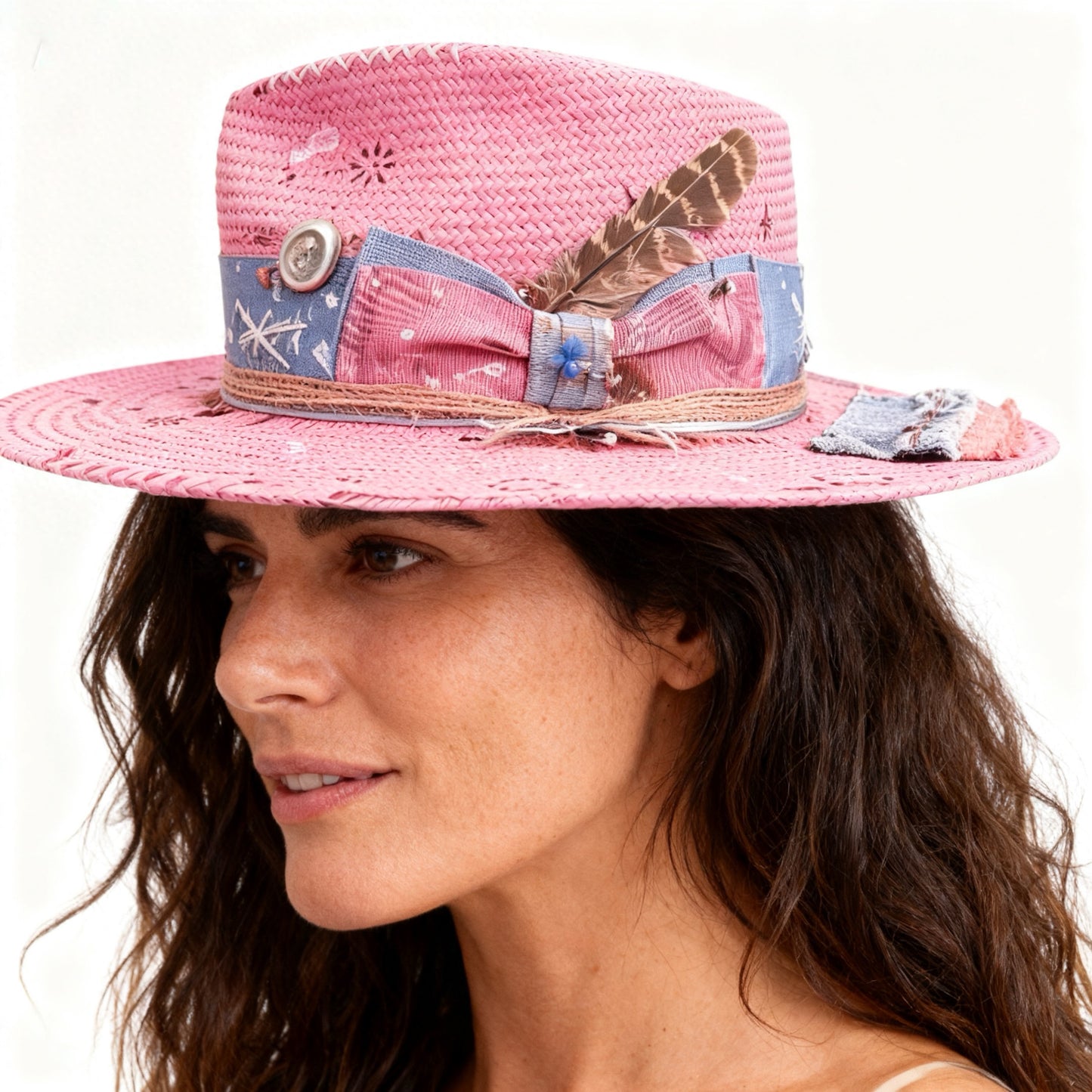 Wide Brim Pink Straw Hat – Artist – handmade straw wide brim hat by artisan Ruby Cantero, detail view 5 | Pokijomba Hats