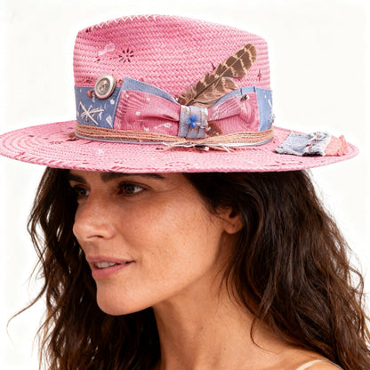 Wide Brim Pink Straw Hat – Artist – handmade straw wide brim hat by artisan Ruby Cantero, detail view 5 | Pokijomba Hats