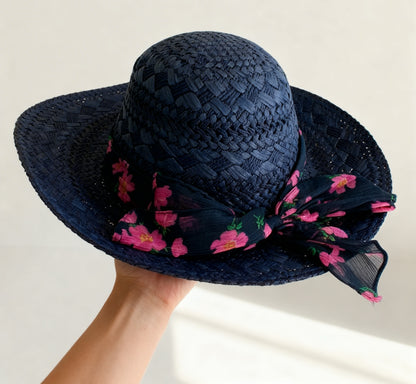 The Santorini — Wide Brim Navy Blue Straw Hat |… – handcrafted straw hat made in Italy, detail view 4 | Pokijomba Hats