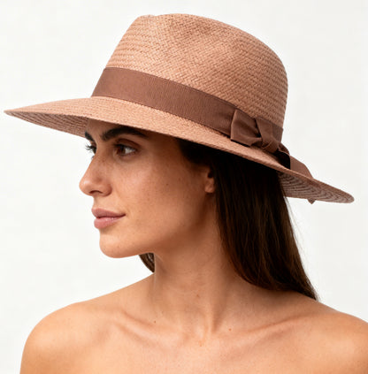 The Montpellier — Wide Brim Dusty Pink Straw Hat | Brown Grosgrain Bow | Made in Italy