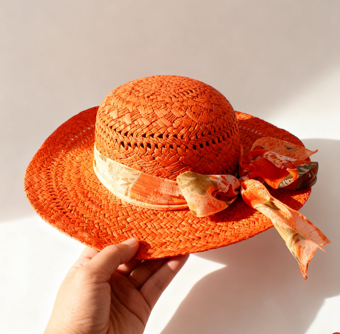 The Ibiza — Wide Brim Coral Red Straw Hat | Floral Silk Scarf | Made in Italy
