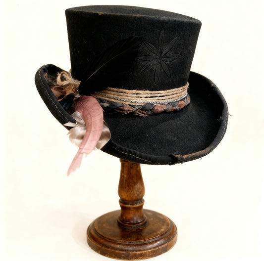 Only One Night– Black Wool Felt Low Top Hat – handmade wool felt top hat by artisan Ruby Cantero, detail view 4 | Pokijomba Hats