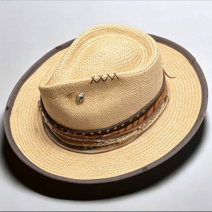 Straw Medium Brim Fedora Hat – Summer Hat – handmade straw fedora hat by artisan Ruby Cantero, detail view 3 | Pokijomba Hats