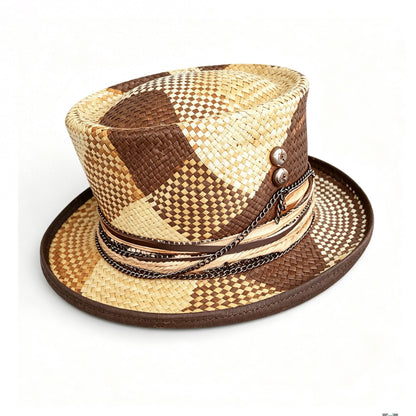Orange Pattern Straw Top Hat – Summer Rare Top Hat – handmade straw top hat by artisan Ruby Cantero, detail view 3 | Pokijomba Hats