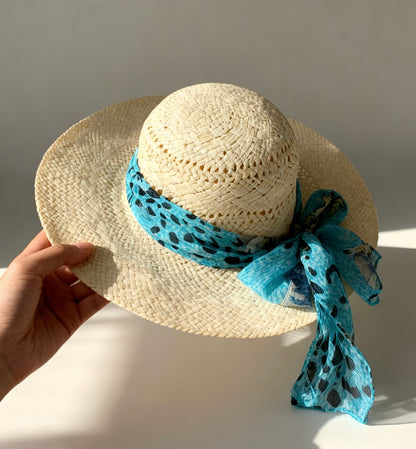 The Formentera — Wide Brim Cream Straw Hat | Turquoise Animal Print Silk Scarf | Made in Italy