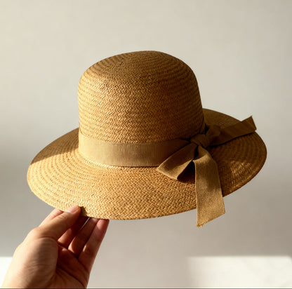 The Amalfi — Wide Brim Honey Camel Straw Hat | Tonal Grosgrain Bow | Made in Italy